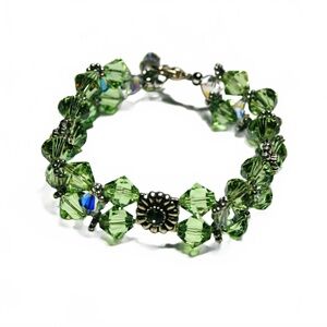 Artisan Bracelet with Swarovski Crystals in Green and AB Clear
